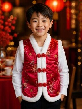 Kids 10 Lunar Chinese New Year Red Brocade Vest Faux Fur Frog Closure Unisex